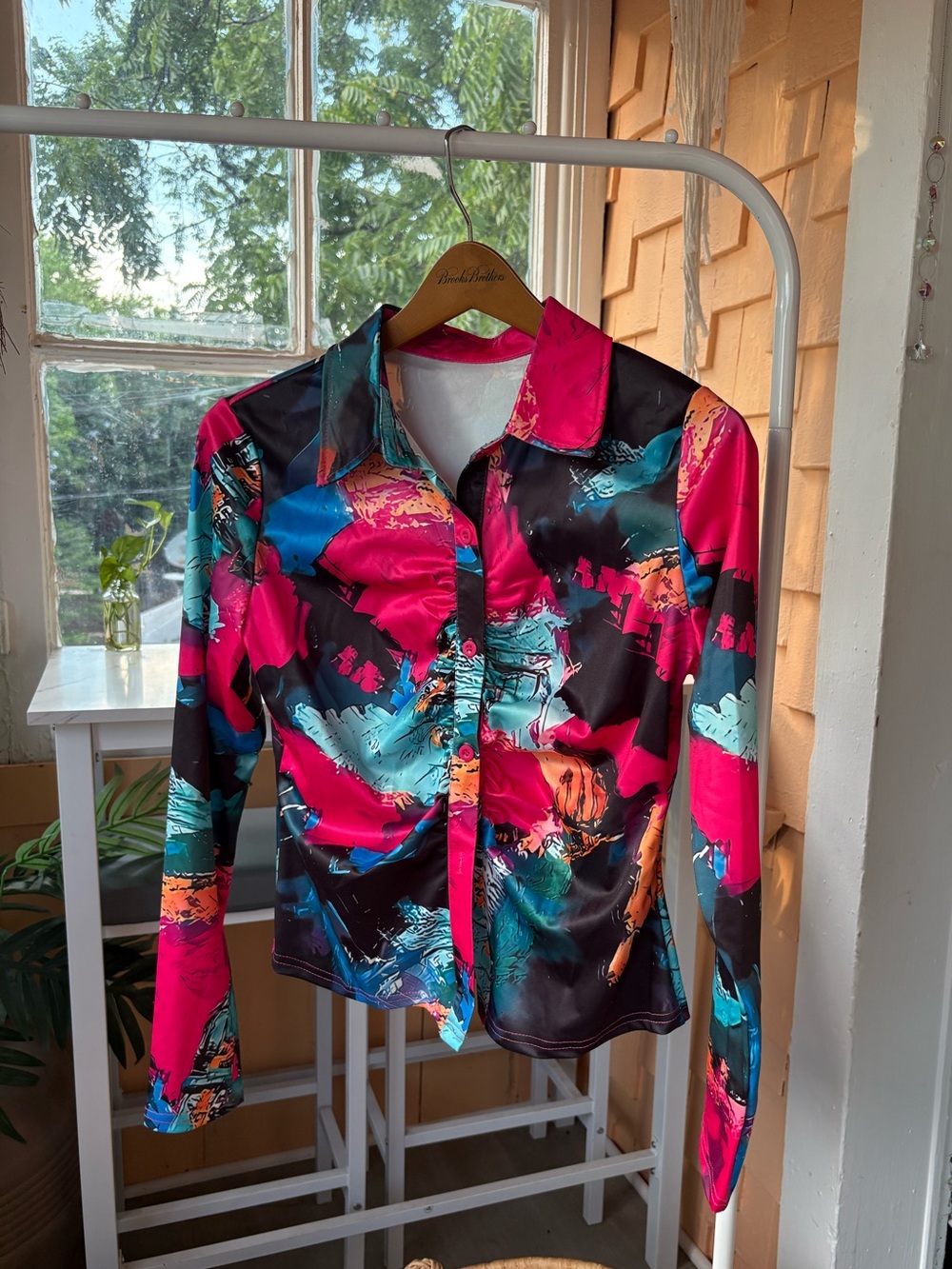 Vibrant Abstract Satin Button-Up Blouse in Magenta, Teal & Black